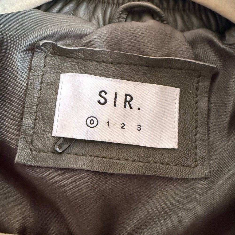 SIR. The Label Mixed Media Boucle Wool Bomber Jacket Olive Green Leather Trim S - Picture 4 of 16